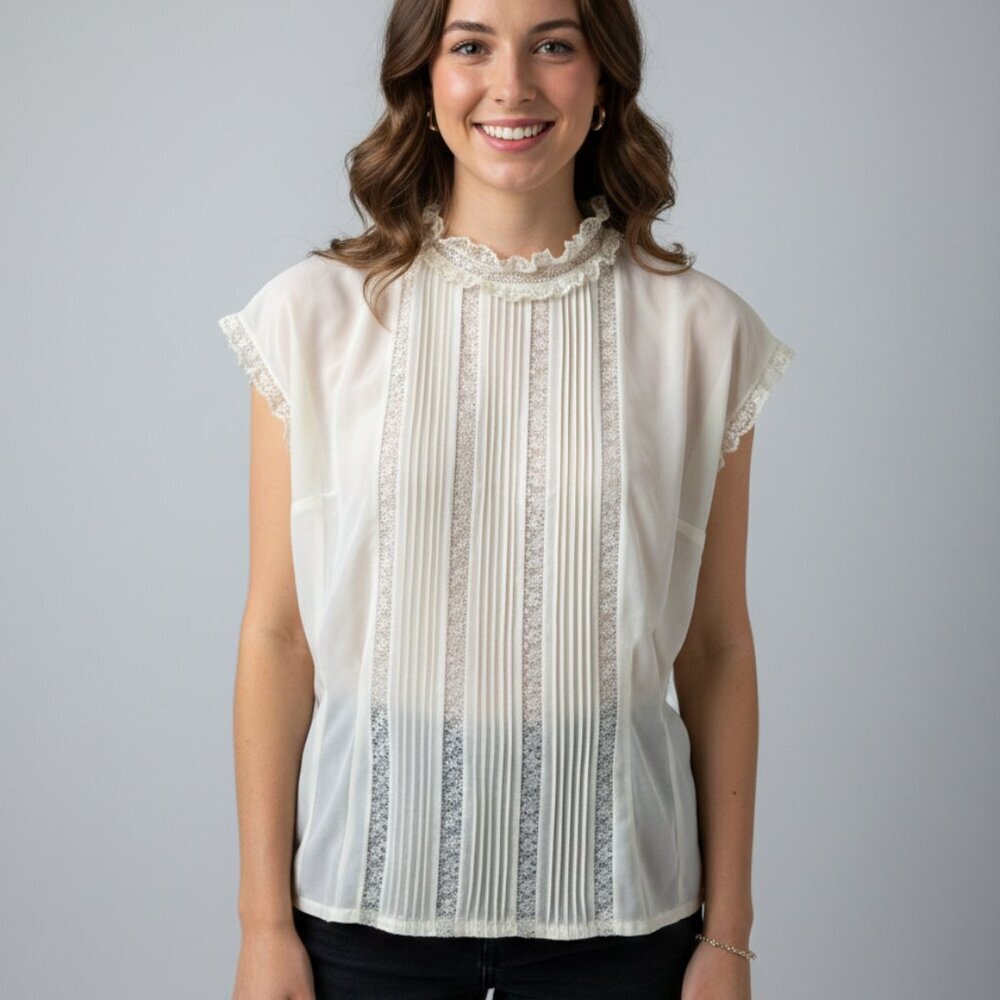 Vintage Erwin Sheer Lace Blouse Cream S/M Victorian Coquette Cottagecore Boho